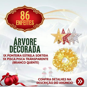Kit 3 em 1 Natalina: Árvore De Natal 1,50m Decorada + 86 Enfeites e Pisca Pisca LED