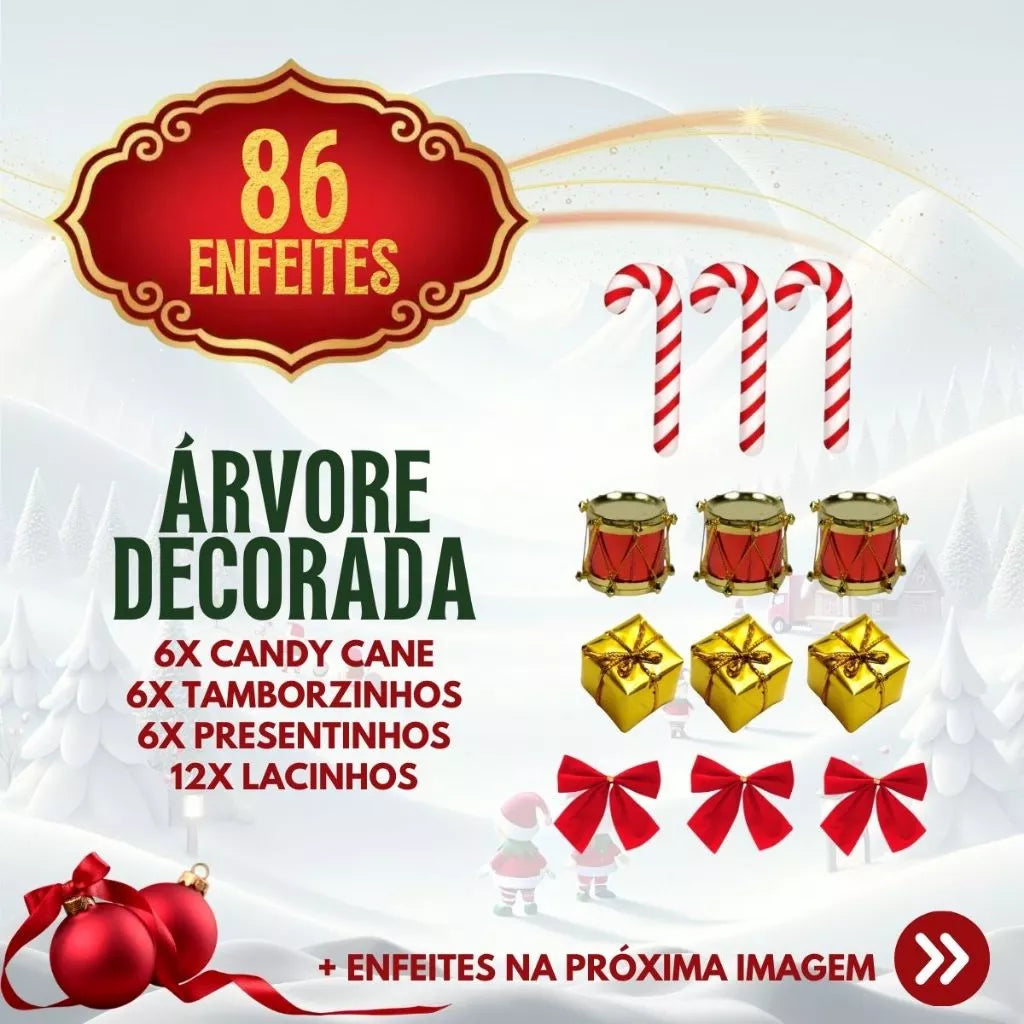 Kit 3 em 1 Natalina: Árvore De Natal 1,50m Decorada + 86 Enfeites e Pisca Pisca LED