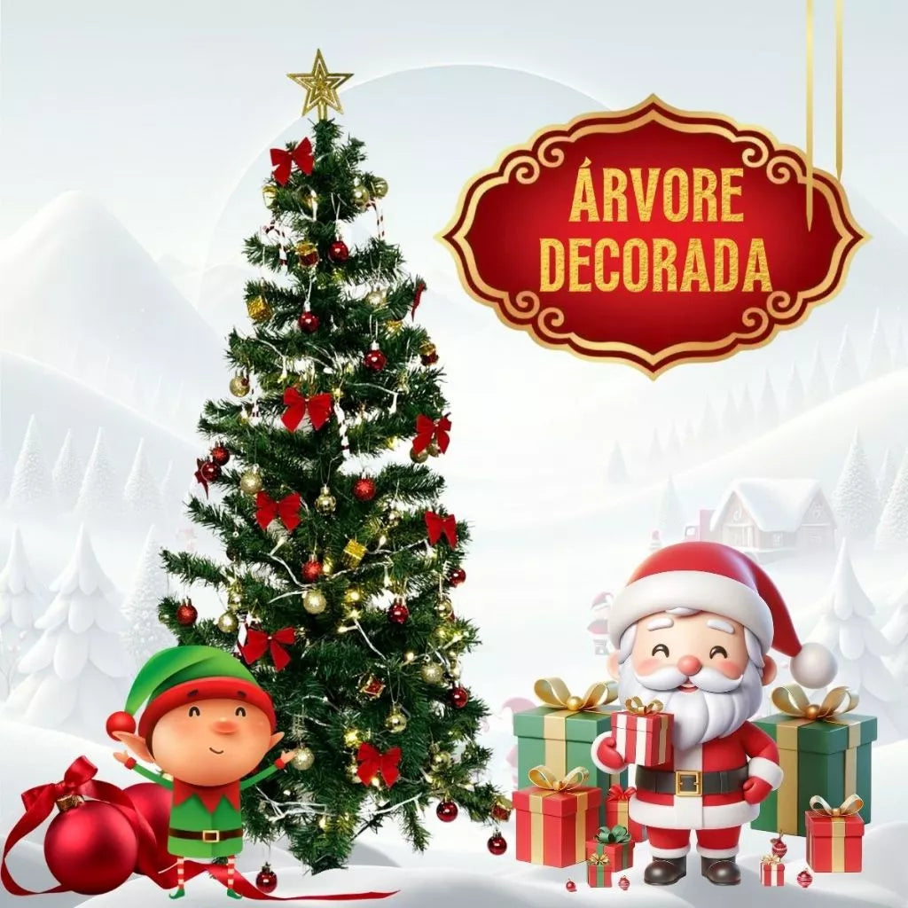 Kit 3 em 1 Natalina: Árvore De Natal 1,50m Decorada + 86 Enfeites e Pisca Pisca LED
